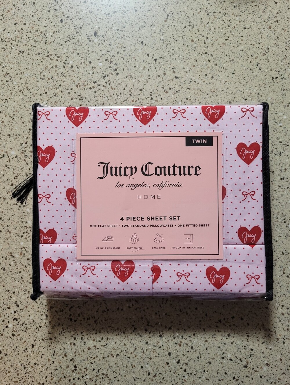 Juicy Couture 4-Pc Twin Size Bedsheet Set Hearts Juicy Spellout Bows Polka Dots